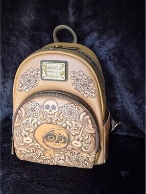Loungefly Disney Pixar Coco Mini Backpack Brown Skull Floral Design